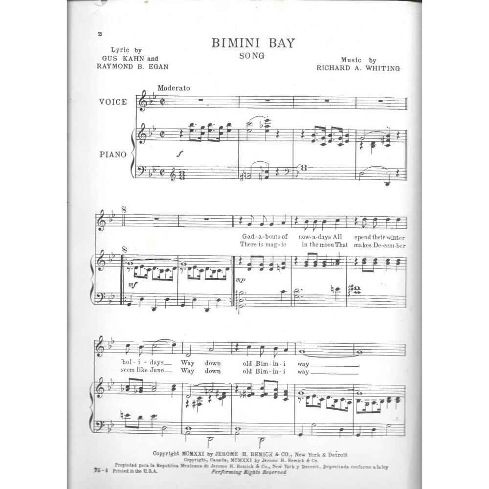 Bimini Bay Sheet Music Song 1921 By Kahn & Egan Whiting 1921 Jerome H Remick - Picture 3 of 3